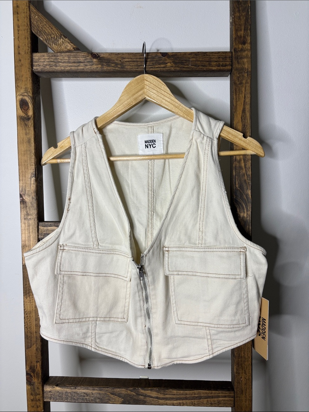 Madden NYC Cream Canvas Zip-Front Vest Size XXL